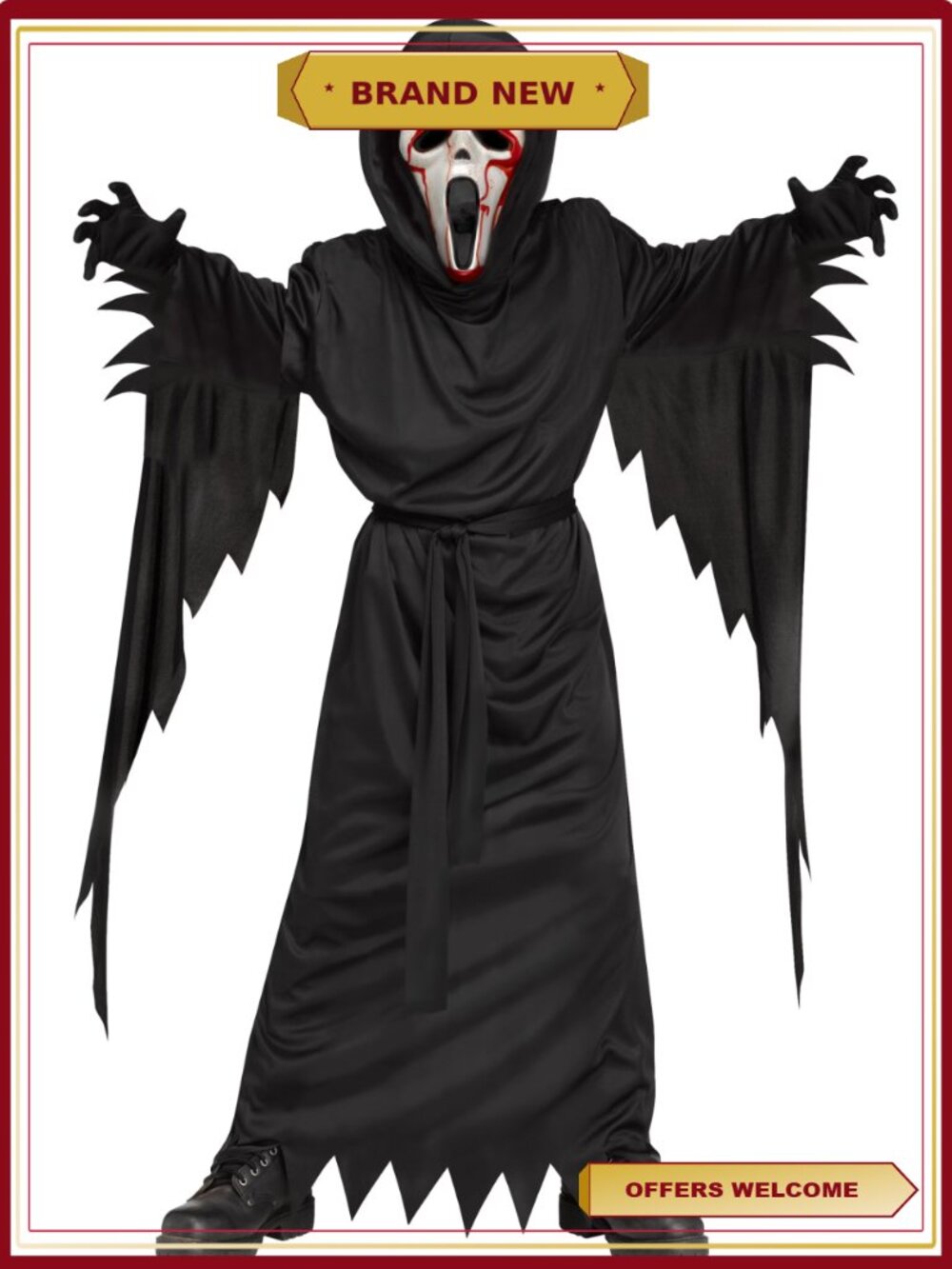 Bleeding Ghost Face 5pc Halloween Costume Boys Size L Robe Mask Gloves Belt